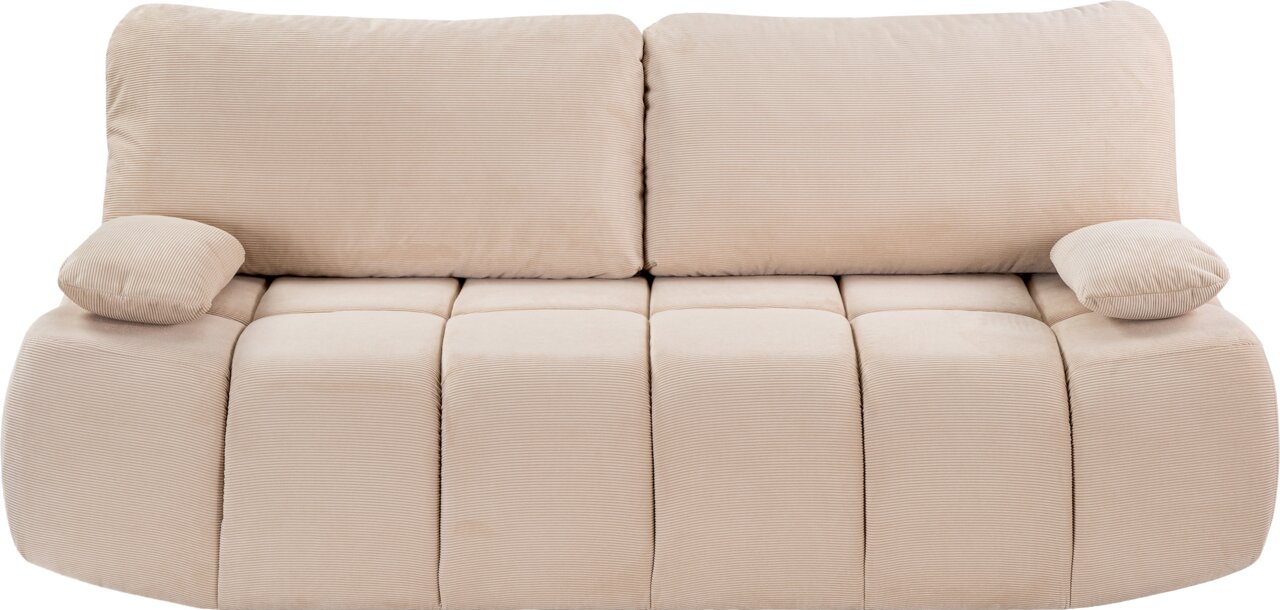 Beiges Schlafsofa, 2-Sitzer, Vorderansicht, mit weichen Kissen und Armlehnen.