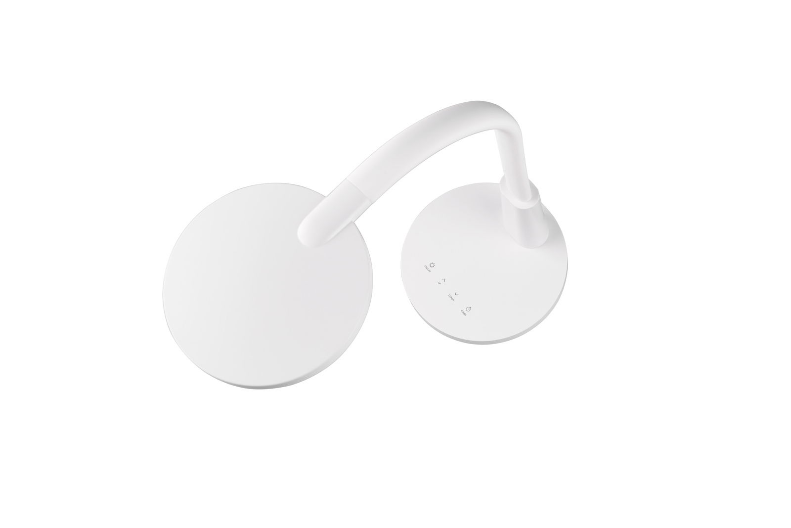 Reality Leuchten Tischleuchte SALLY Moderne weiße Tischleuchte Sally mit geschwungenem Arm, von oben betrachtet.