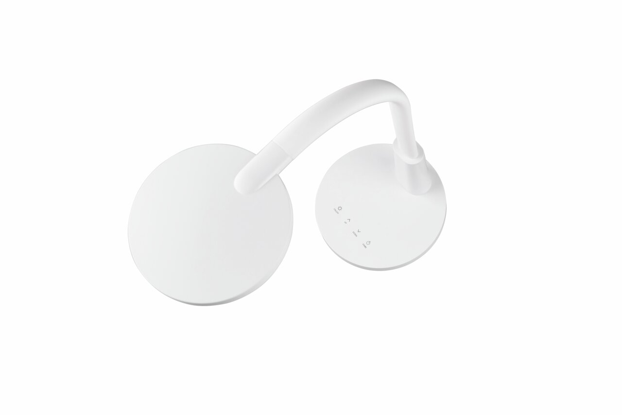 Moderne weiße Tischleuchte Sally mit geschwungenem Arm, von oben betrachtet.