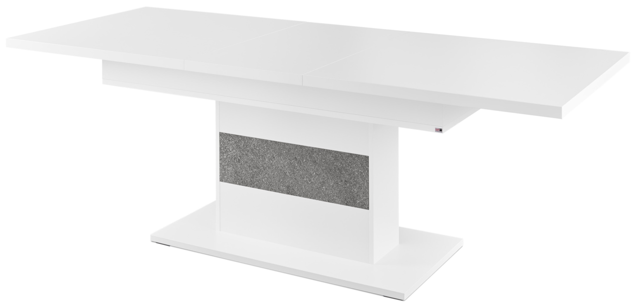 Moderner weißer Funktions-Esstisch mit grauem Akzent, seitliche Perspektive