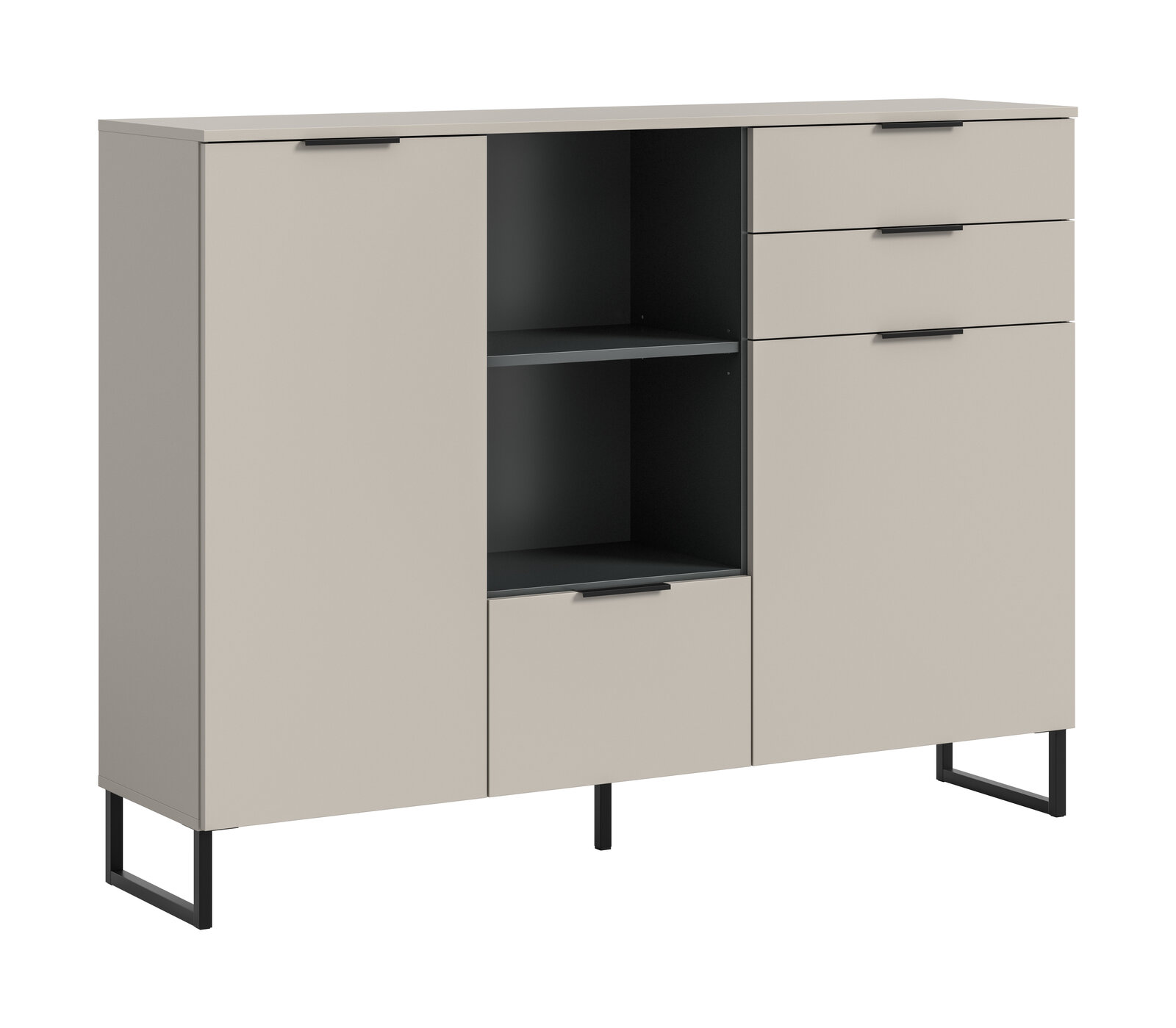 Modernes Sideboard in Beige mit schwarzen Griffen und Metallfüßen, links und rechts mit Türen, rechts zusätzlich mit zwei Schubladen, mittig offenes Fach mit Einlegeboden und unterer Klappe; Ansicht schräg von vorne.
