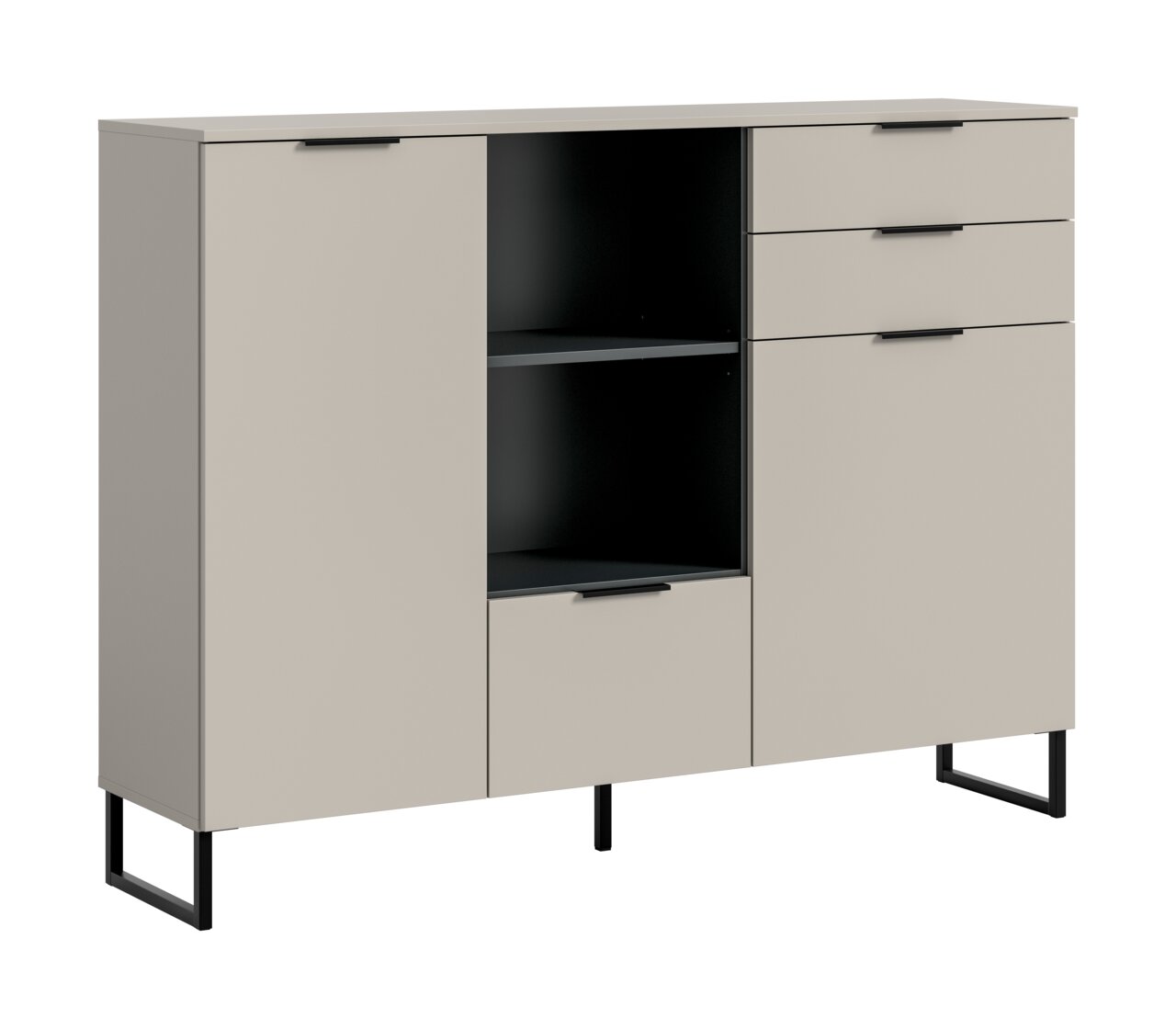 MID.YOU Highboard NOIDA Modernes Sideboard in Beige mit schwarzen Griffen und Metallfüßen, links und rechts mit Türen, rechts zusätzlich mit zwei Schubladen, mittig offenes Fach mit Einlegeboden und unterer Klappe; Ansicht schräg von vorne.