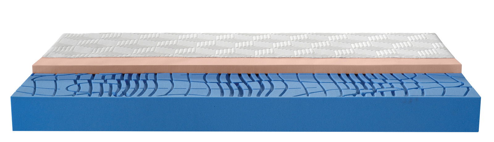 Seitenansicht einer Gel-Kaltschaummatratze mit blauer und rosa Schicht sowie weißem Bezug.