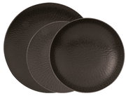 Draufsicht auf ein 12-teiliges Tellerset Onyx in elegantem Schwarz mit strukturierter Oberfläche.
