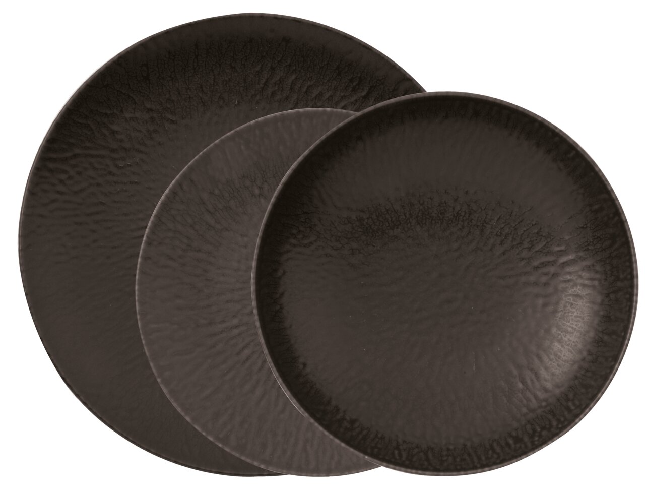 Draufsicht auf ein 12-teiliges Tellerset Onyx in elegantem Schwarz mit strukturierter Oberfläche.
