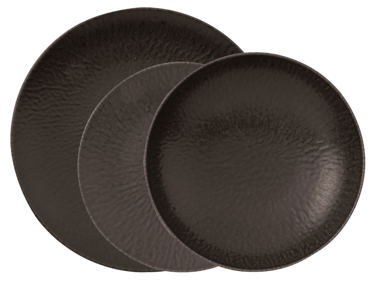 Draufsicht auf ein 12-teiliges Tellerset Onyx in elegantem Schwarz mit strukturierter Oberfläche.