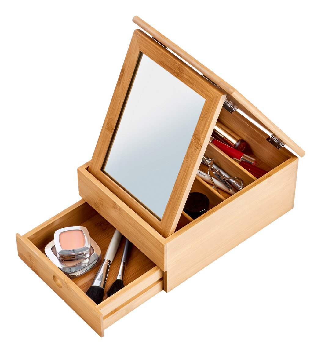 Zeller Present Schmuckkästchen mit Spiegel Schmuckkästchen aus Holz mit Spiegel, geöffnete Schublade und Fächer mit Kosmetikartikeln, Perspektive von oben