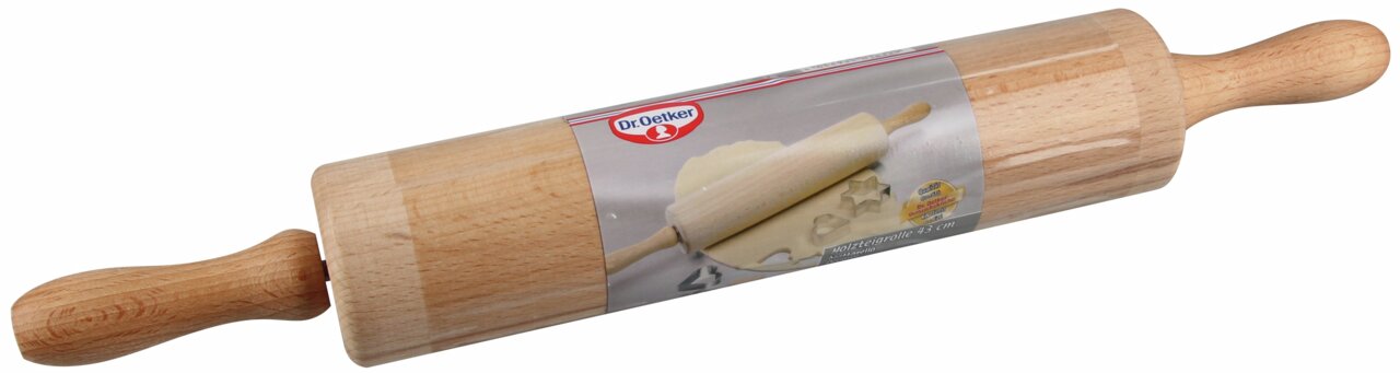 Holzteigroller 43 cm mit seitlicher Perspektive, Dr. Oetker Marke, ideal zum Ausrollen von Teig.