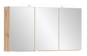 Spiegelschrank mit drei Türen und Holzrahmen, seitliche Perspektive