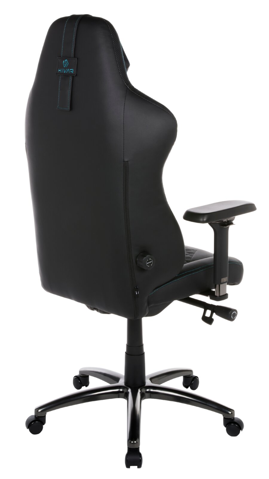 HIVAR Gaming Stuhl ORBICAL Rückansicht eines schwarzen Gaming-Stuhls mit verstellbaren Armlehnen und stabiler Basis auf Rollen.