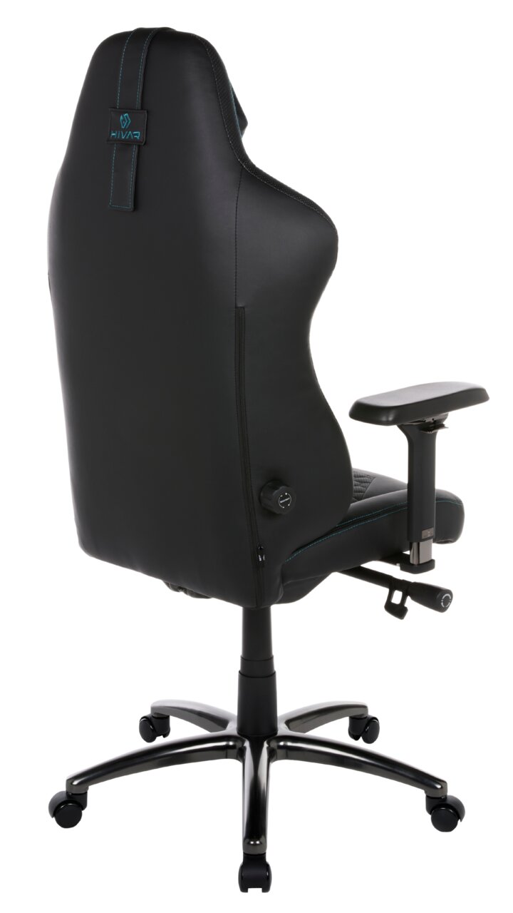 Rückansicht eines schwarzen Gaming-Stuhls mit verstellbaren Armlehnen und stabiler Basis auf Rollen.