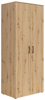 Mehrzweck-Kleiderschrank aus Holz mit zwei Türen und schwarzem Griff, seitliche Perspektive