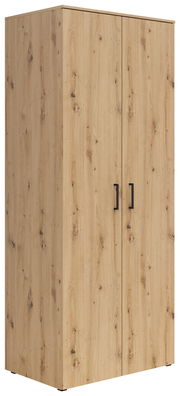 Mehrzweck-Kleiderschrank aus Holz mit zwei Türen und schwarzem Griff, seitliche Perspektive