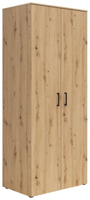 Mehrzweck-Kleiderschrank aus Holz mit zwei Türen und schwarzem Griff, seitliche Perspektive