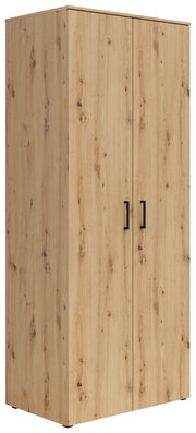 Mehrzweck-Kleiderschrank aus Holz mit zwei Türen und schwarzem Griff, seitliche Perspektive