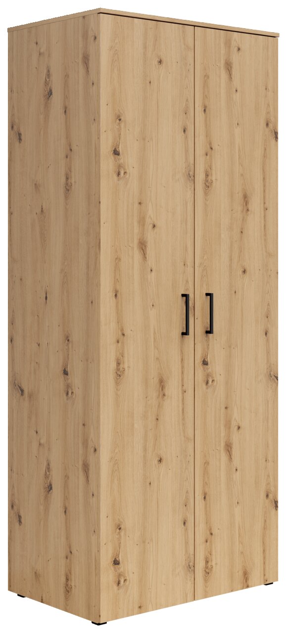 Mehrzweck-Kleiderschrank aus Holz mit zwei Türen und schwarzem Griff, seitliche Perspektive