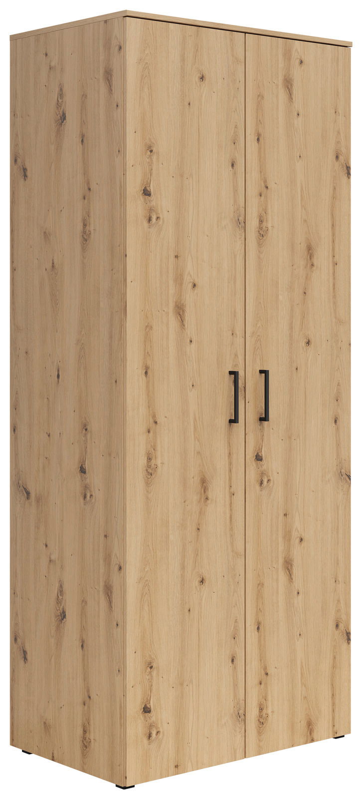 Mehrzweck-Kleiderschrank aus Holz mit zwei Türen und schwarzem Griff, seitliche Perspektive