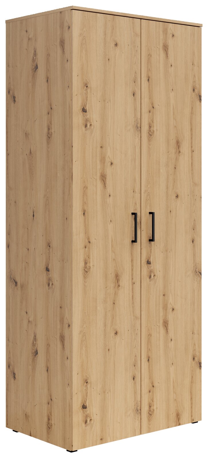 Mehrzweck-Kleiderschrank aus Holz mit zwei Türen und schwarzem Griff, seitliche Perspektive