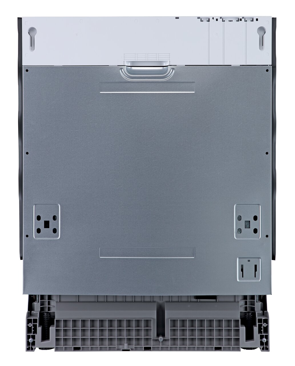 Rückansicht eines Küchengeräts mit Metallverkleidung und Befestigungspunkten.