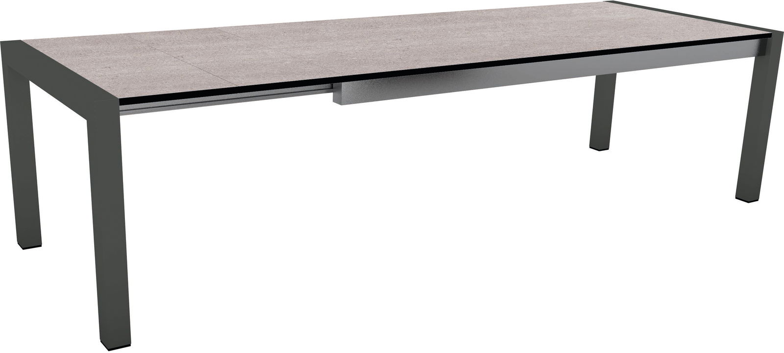 Moderner Gartentisch mit grauer Tischplatte und schwarzem Metallgestell, seitliche Perspektive.