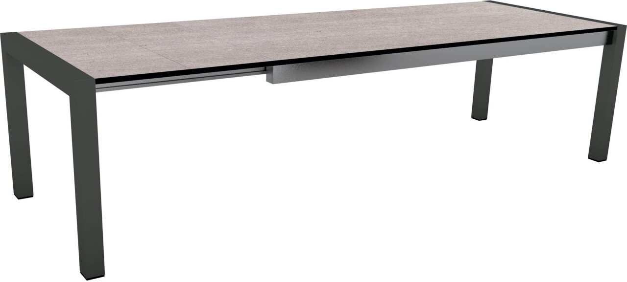 Stern Gartentisch Moderner Gartentisch mit grauer Tischplatte und schwarzem Metallgestell, seitliche Perspektive.