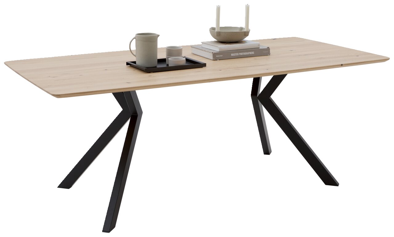 Moderner Esstisch aus Holz mit schwarzen Metallbeinen, seitliche Perspektive