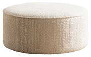Großer, runder Hocker aus beigem Stoff, seitliche Perspektive