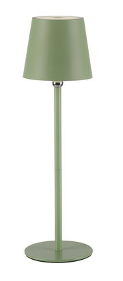 Grüne Akku-Tischleuchte BOTERIA, frontal abgebildet, mit schlichtem Design und konischem Lampenschirm.