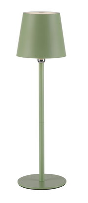 Grüne Akku-Tischleuchte BOTERIA, frontal abgebildet, mit schlichtem Design und konischem Lampenschirm.