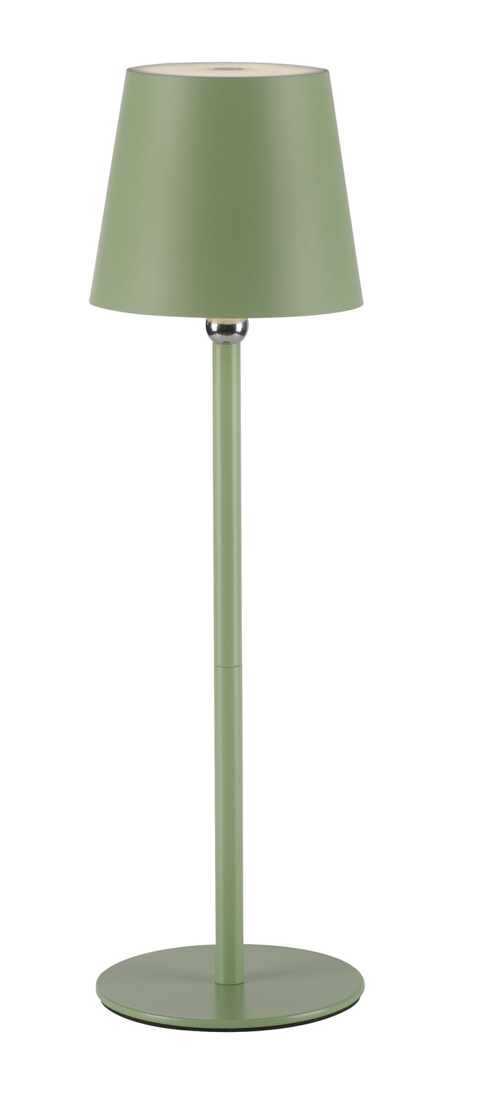 Grüne Akku-Tischleuchte BOTERIA, frontal abgebildet, mit schlichtem Design und konischem Lampenschirm.