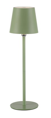 Grüne Akku-Tischleuchte BOTERIA, frontal abgebildet, mit schlichtem Design und konischem Lampenschirm.