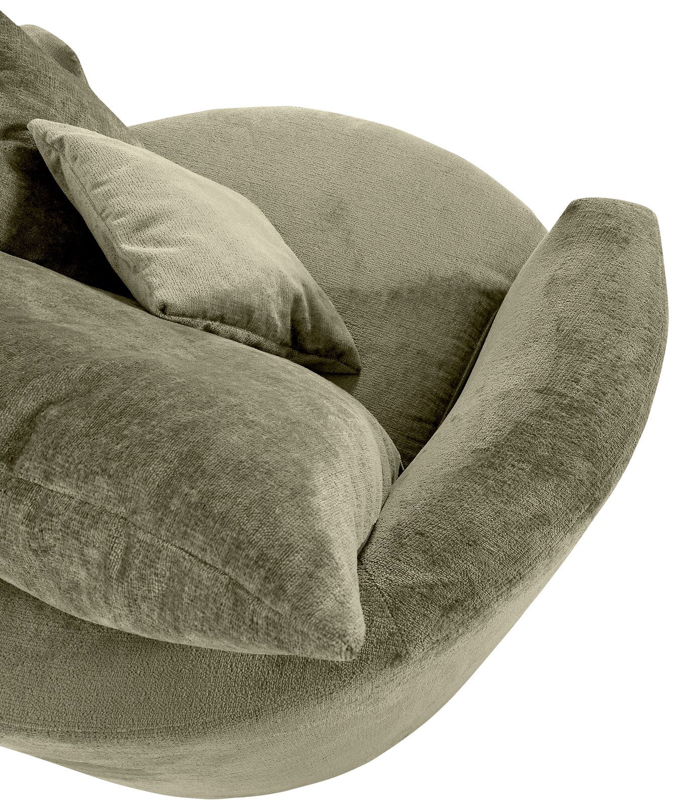 Nahaufnahme eines grünen Sessels mit weichem Stoffbezug und passendem Kissen, seitliche Perspektive