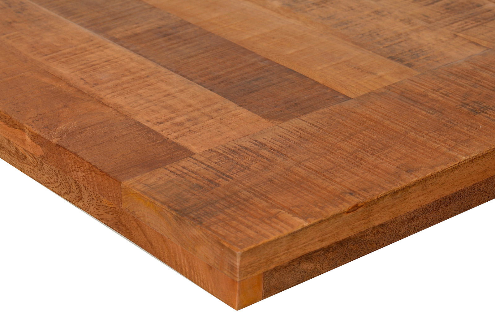 Nahaufnahme einer Tischplatte aus Holz mit natürlicher Maserung, perspektivisch von der Seite aufgenommen.