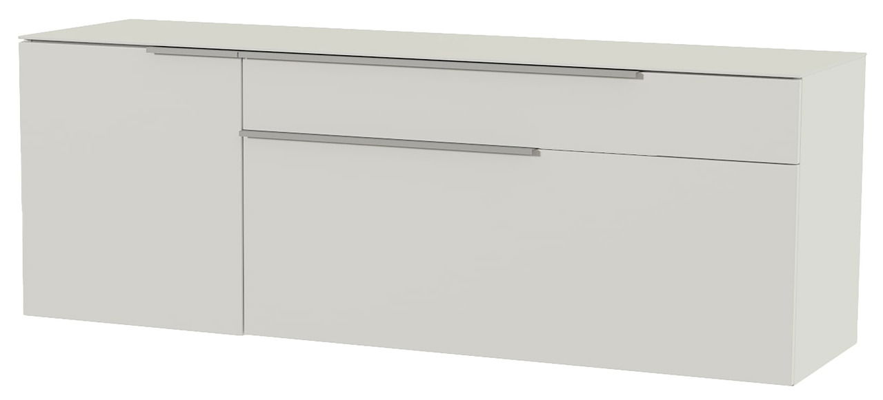 Modernes Hänge-Lowboard in Weiß mit zwei Türen und einer Schublade, seitliche Perspektive