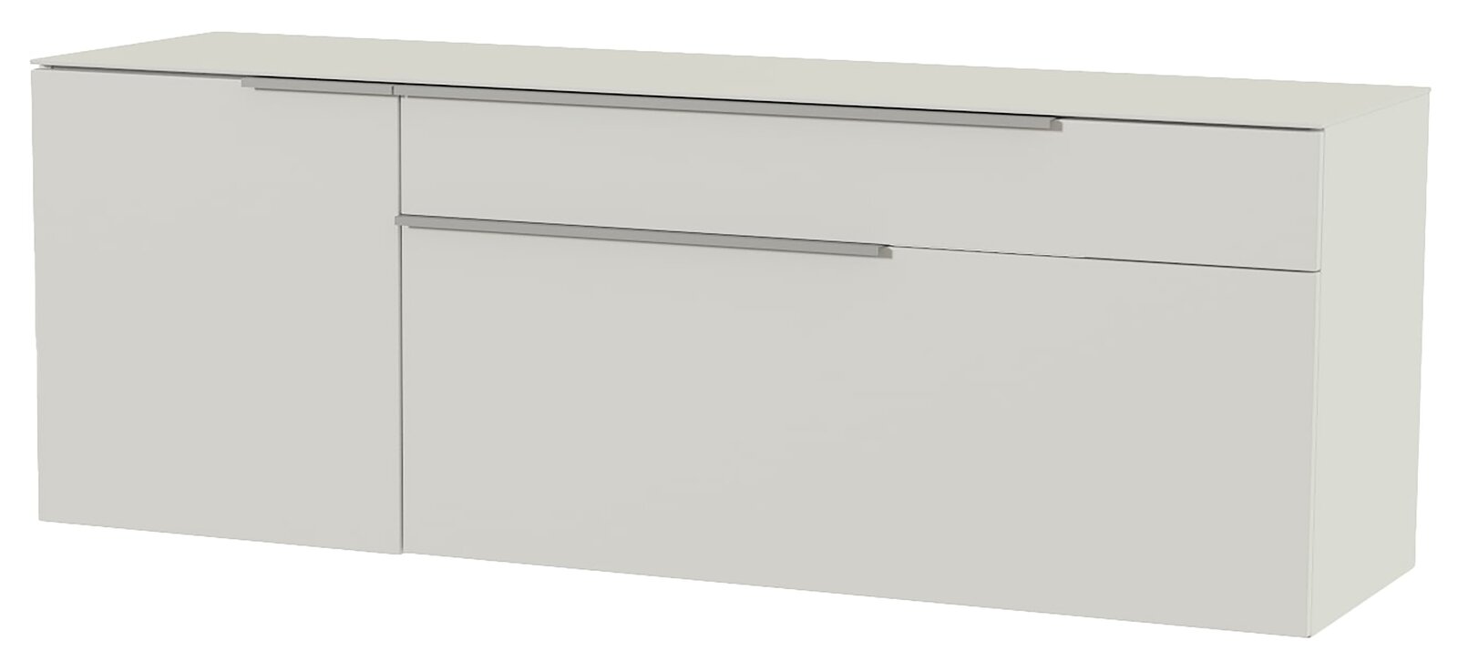 Modernes Hänge-Lowboard in Weiß mit zwei Türen und einer Schublade, seitliche Perspektive