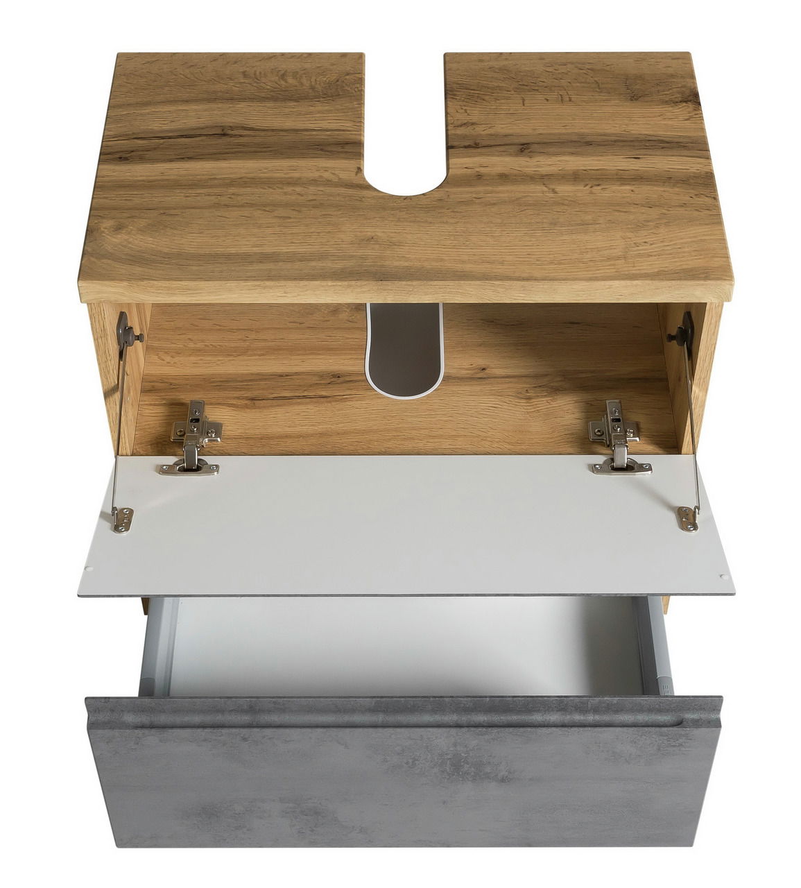 Waschbeckenunterschrank aus Holz mit geöffneter Schublade und Klappe, Ansicht von oben