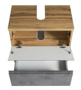 Waschbeckenunterschrank aus Holz mit geöffneter Schublade und Klappe, Ansicht von oben