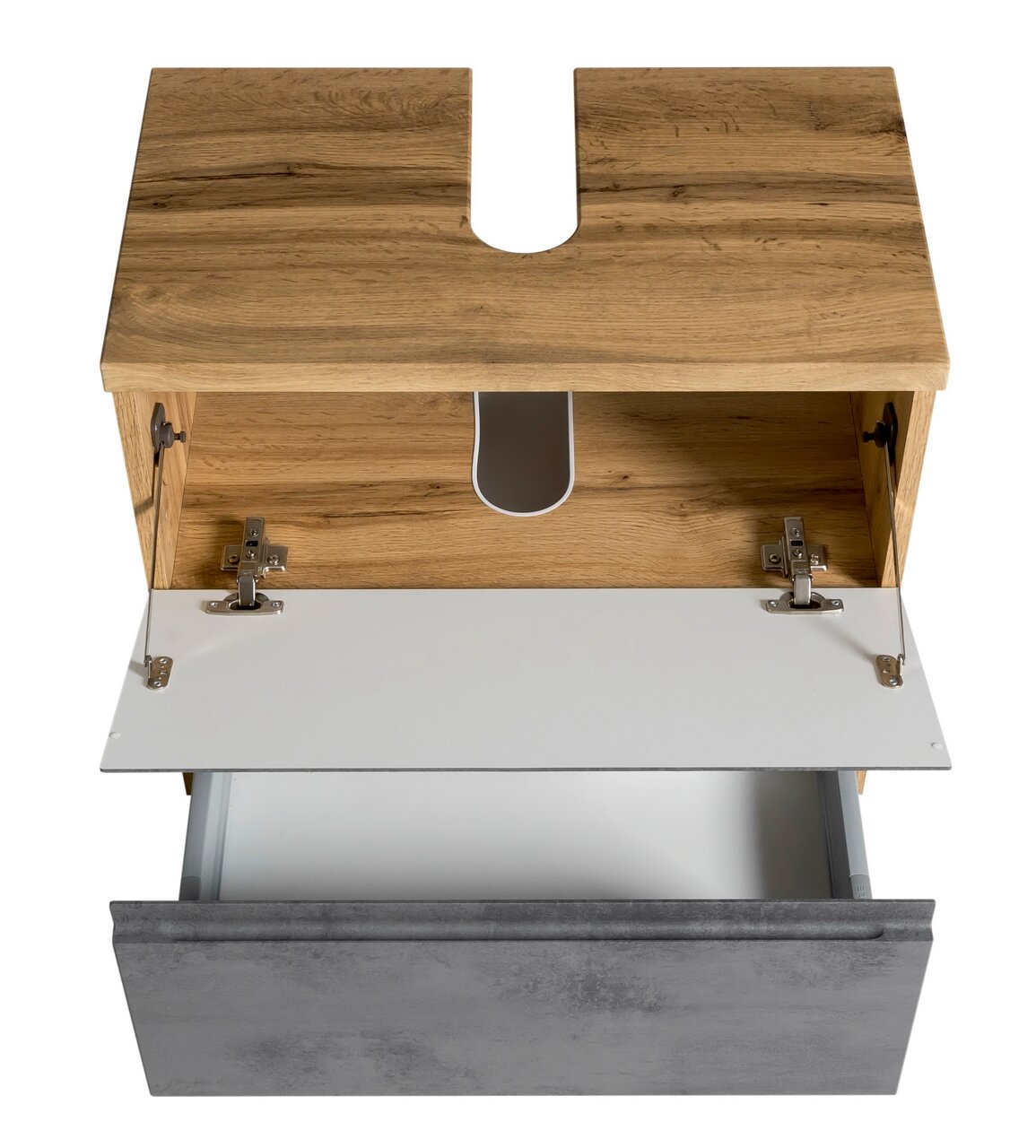 Waschbeckenunterschrank aus Holz mit geöffneter Schublade und Klappe, Ansicht von oben