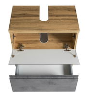 Waschbeckenunterschrank aus Holz mit geöffneter Schublade und Klappe, Ansicht von oben