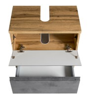 Waschbeckenunterschrank aus Holz mit geöffneter Schublade und Klappe, Ansicht von oben
