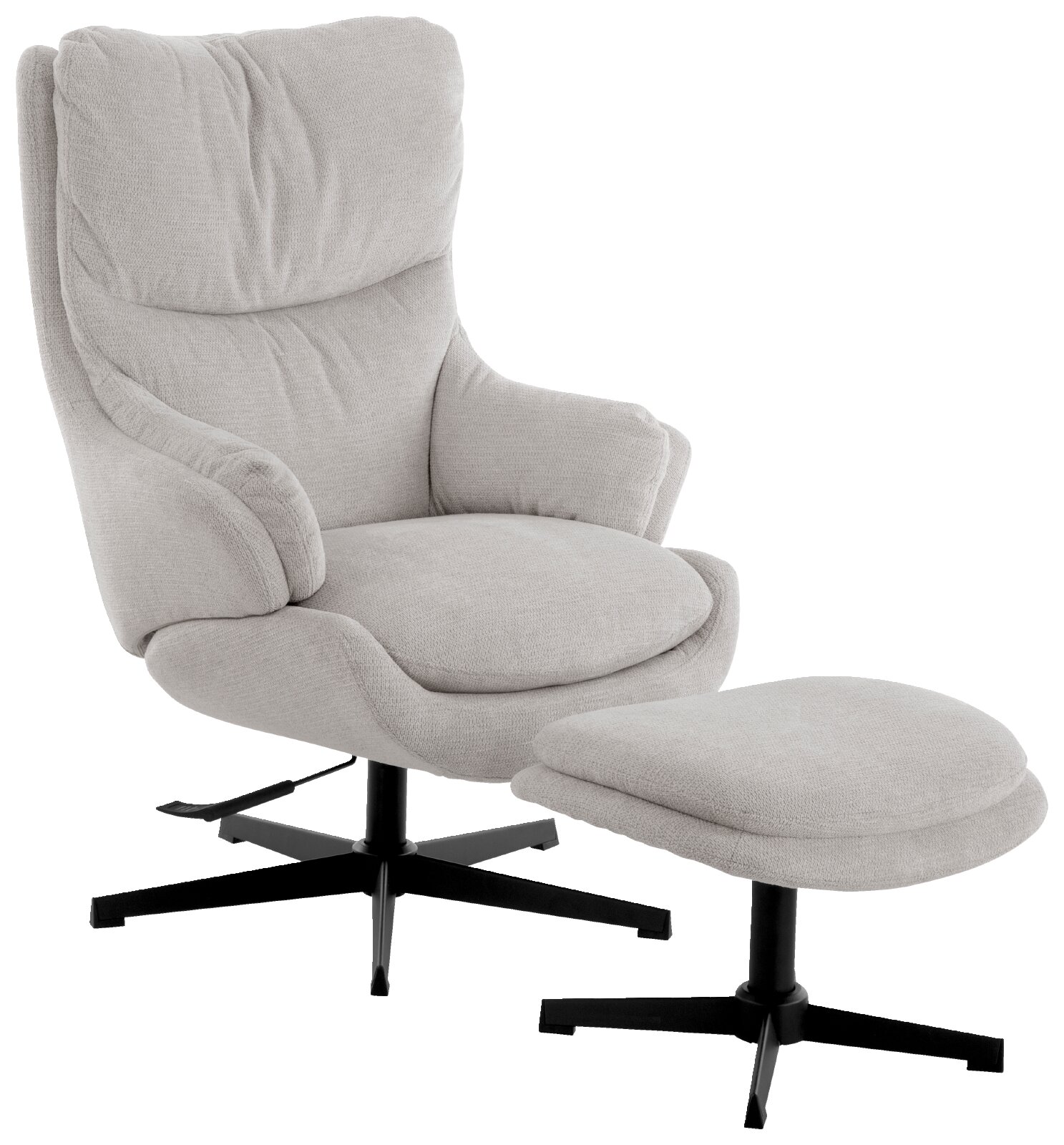 Gepolsterter Relaxsessel in hellem Beige mit hoher Rückenlehne, Armlehnen, passendem Fußhocker und schwarzen Metall-Drehfüßen, schräg von vorne dargestellt