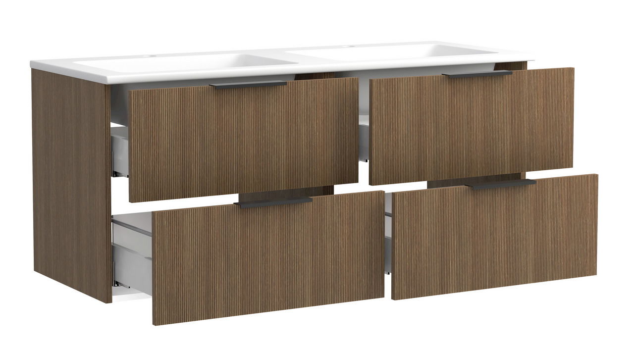 Waschtisch-Set mit vier Schubladen in Holzoptik, seitliche Perspektive