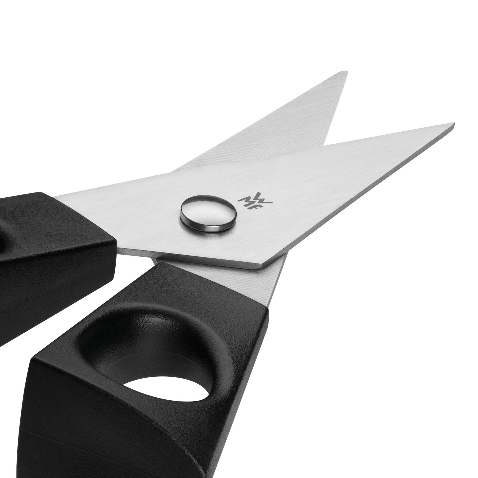 Nahaufnahme einer schwarzen Kräuterschere mit 13 cm langen Klingen aus Edelstahl, perspektivisch von oben fotografiert.