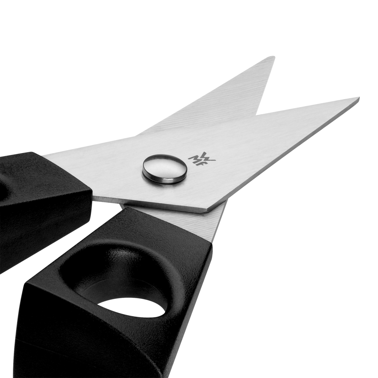 Nahaufnahme einer schwarzen Kräuterschere mit 13 cm langen Klingen aus Edelstahl, perspektivisch von oben fotografiert.