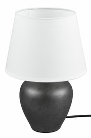 Tischleuchte ABBY mit weißem Lampenschirm und grauem Keramikfuß, seitliche Perspektive