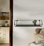 Schwarzes Wandregal mit Topfpflanze, seitliche Perspektive