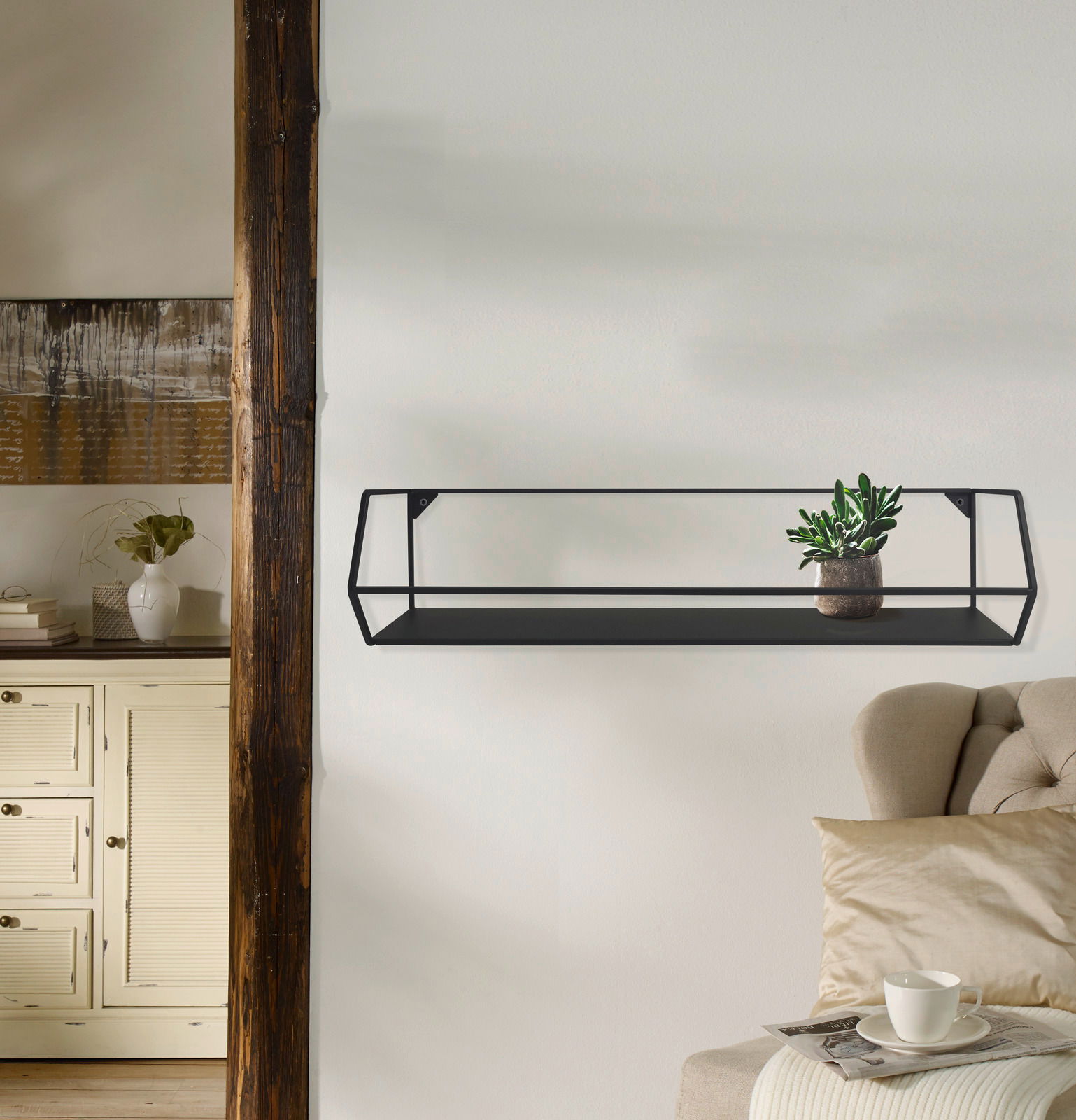 Landscape Wandregal NORA Schwarzes Wandregal mit Topfpflanze, seitliche Perspektive