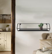 Schwarzes Wandregal mit Topfpflanze, seitliche Perspektive