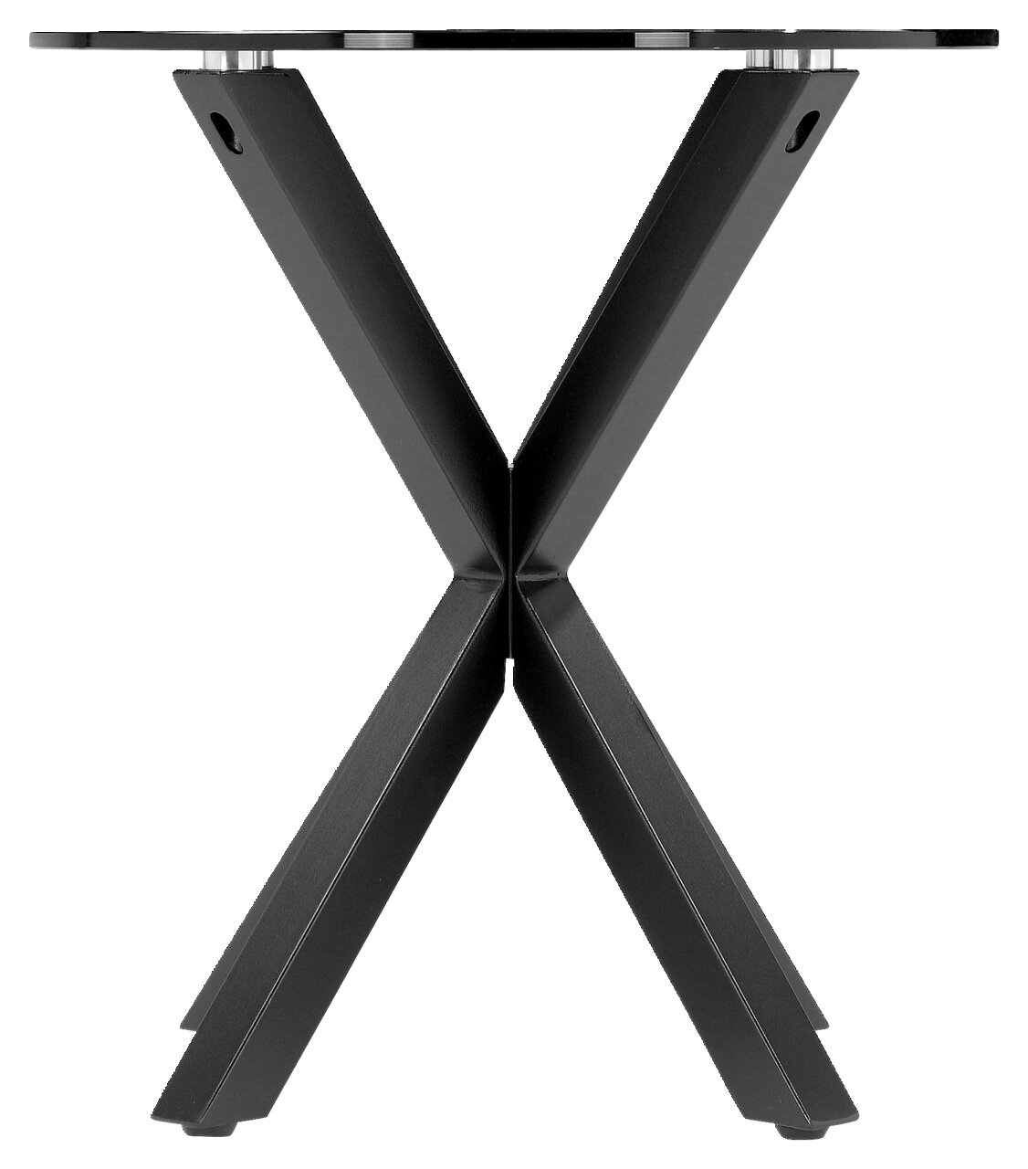 Moderne bijzettafel met X-vormig metalen onderstel, zijaanzicht