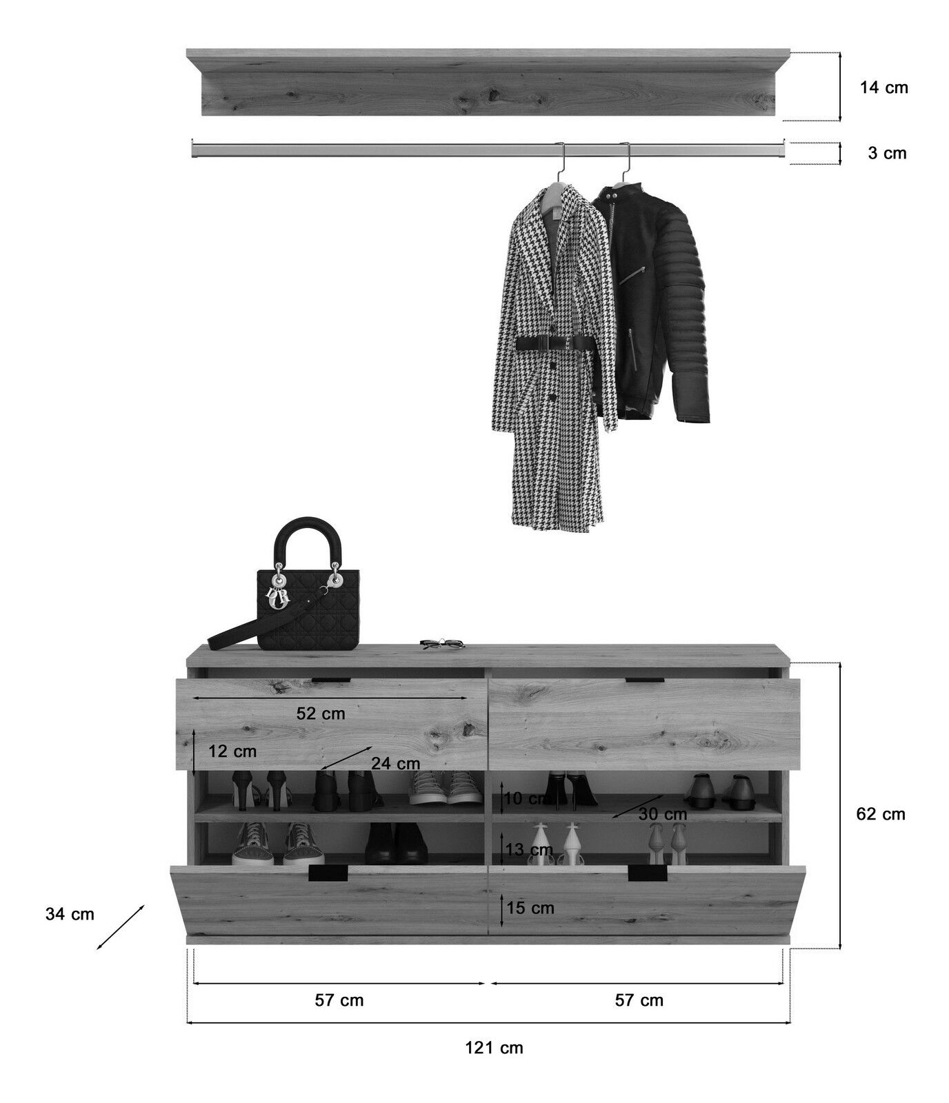 Garderobenkombination aus Holz mit Hängestange und Schuhschrank, Frontansicht